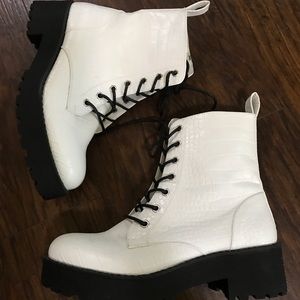 White snakeskin combat boots